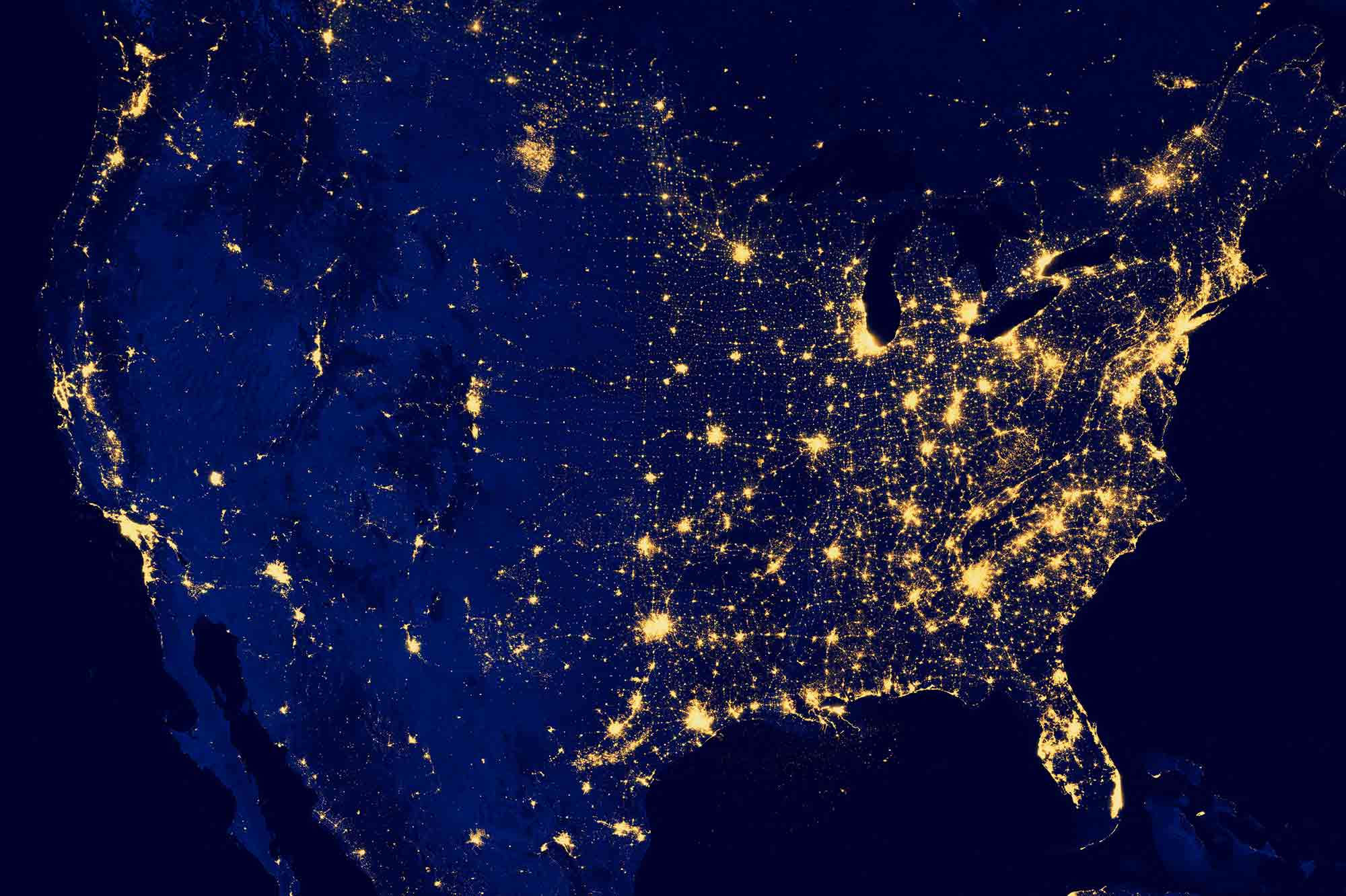 A Satellite Image of the United States at Night with Lights