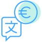 A Chat Bubble and a Circle with a Language and Currency Symbol