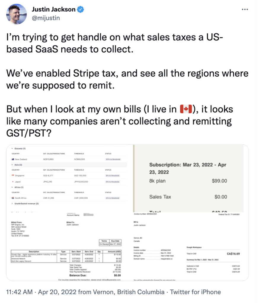 Tweet from @mijustin asking what sales taxes a US-based SaaS company needs to collect.