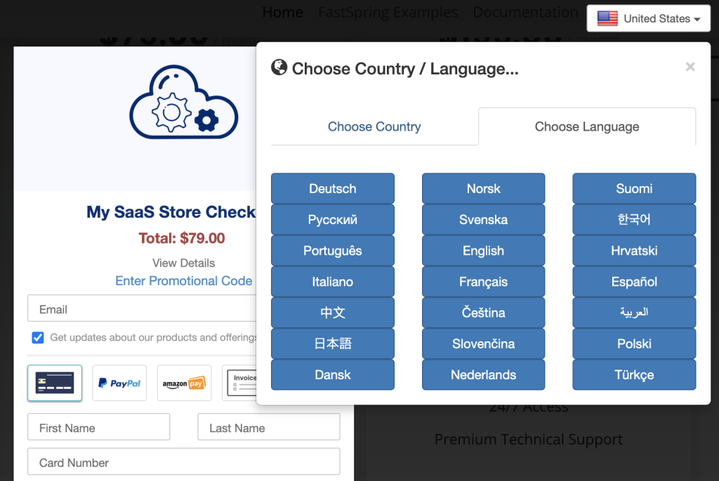 Choose Country/Language: With FastSpring, you can translate your shopping in cart into different languages and automatically convert the customer facing price to local currencies.