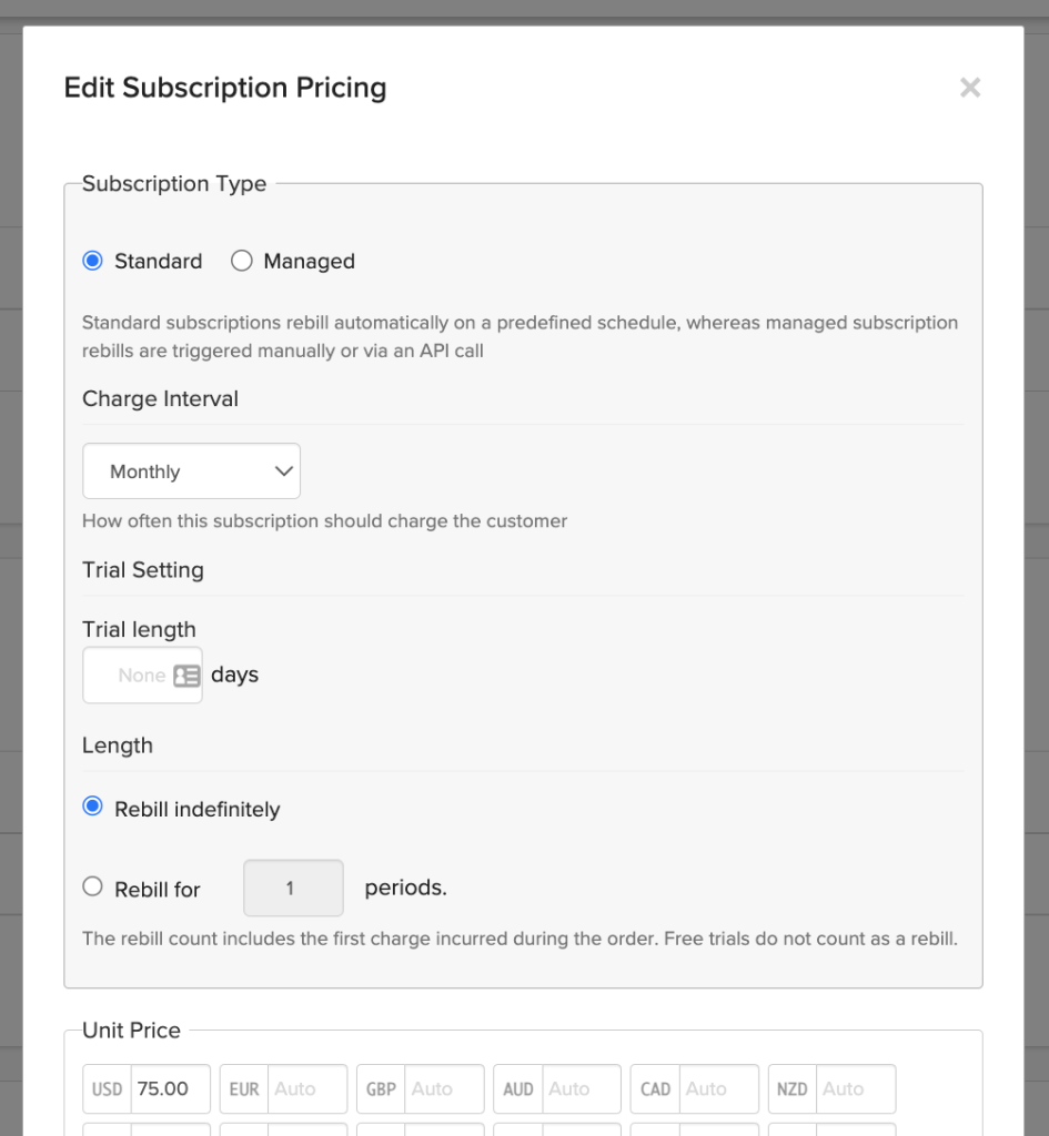 Edit Subscription Pricing: Standard or Managed