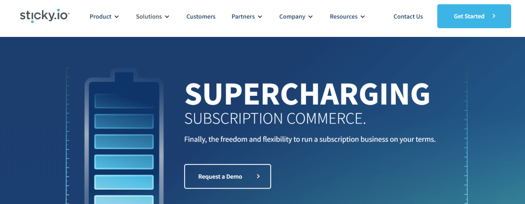 Sticky.io homepage: Supercharging Subscription Commerce
