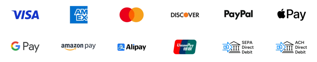 12 colorful payment method logos representing some popular payment methods that FastSpring accepts.