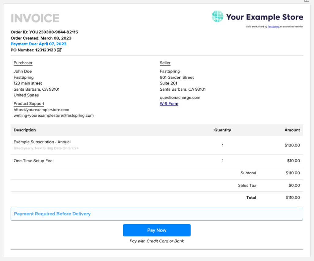 Invoice Example: Pay Now