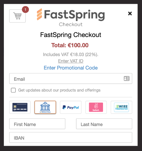 FastSpring checkout screen with price and SEPA direct debit payment information