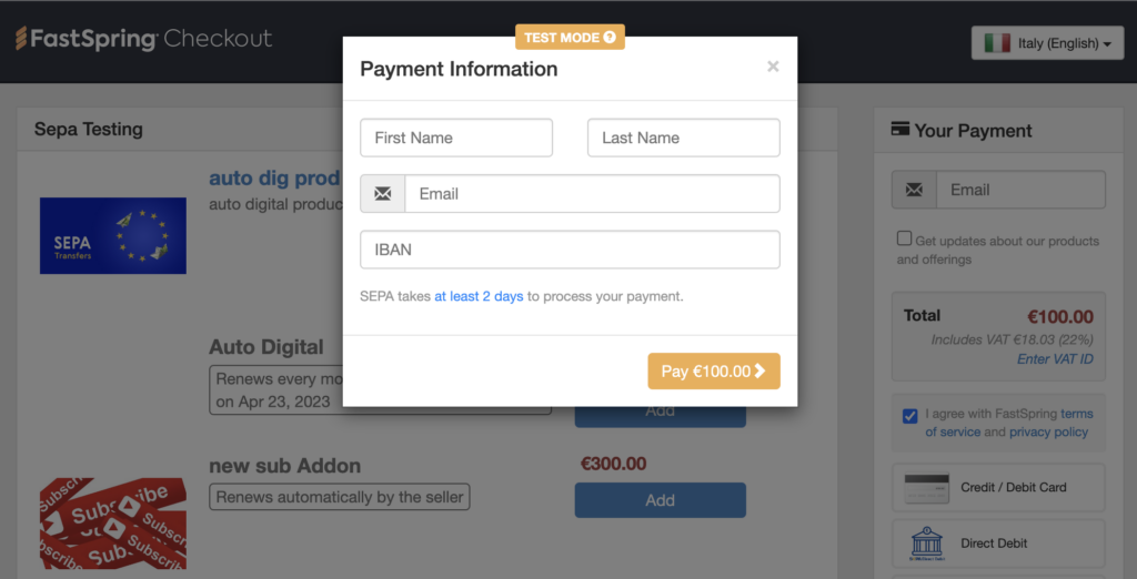 FastSpring checkout screen showing SEPA direct debit payments options