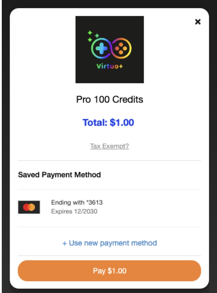 Image of the fastspring checkout with a saved payment method showing the new 1ClickPay feature in use.