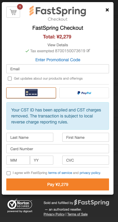 Image of a FastSpring checkout that has an applied tax exempt number with a notification that the number has been applied.