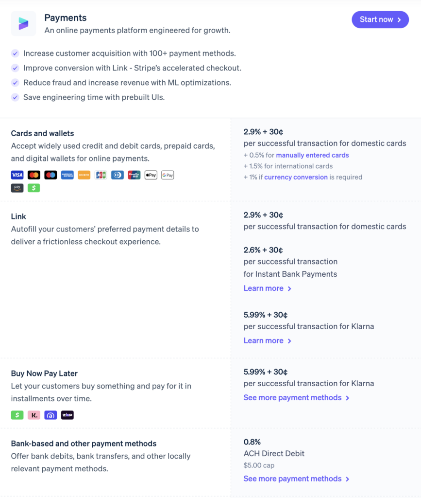 A screenshot of some of Stripe's pricing options, included to help compare 2Checkout vs. Stripe.