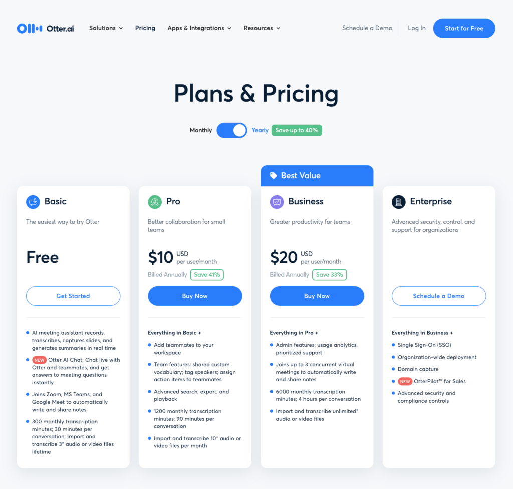 A screenshot of Otter's plans and pricing offerings as of February 2024.