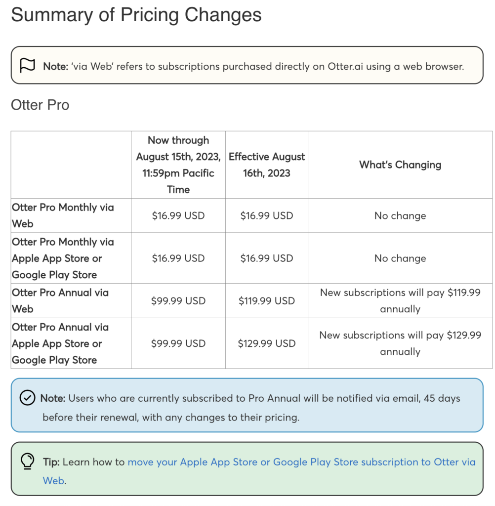 A screenshot of Otter's 2023 pricing changes grid showing current and new prices, broken out by package and method of purchase.