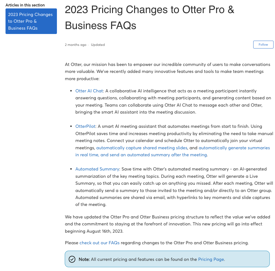 A screenshot of Otter's August 2023 pricing changes announcement post, as of December 2023.