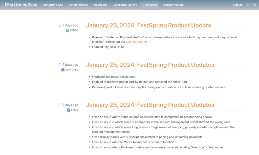 A screenshot of FastSpring's new changelog as integrated into their Documentation pages.