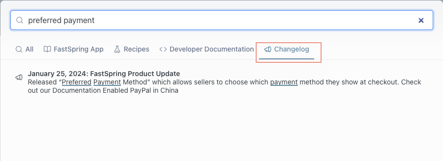 A screenshot of the search functionality in FastSpring's new changelog as integrated into their Documentation pages.