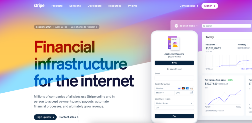 A preview of Paddle alternative Stripe's homepage, a multicolored web page with white screenshots and large black text reading "Financial infrastructure for the internet."