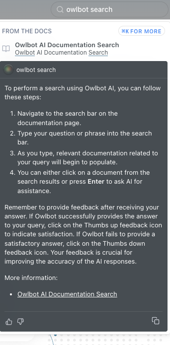 Vertical screenshot of gray search screen showing how to use Owlbot AI search in documentation with a long AI search response.