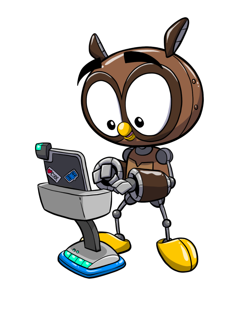A cartoon illustration of a brown robotic owl with very large eyes standing at a computer terminal.