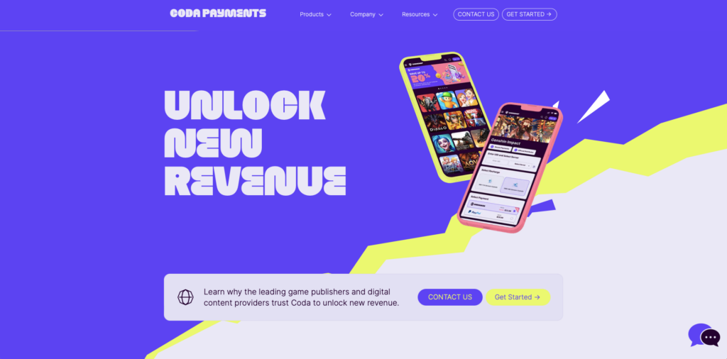 Screenshot of Xsolla competitor Coda Payments' home page, mostly purple with a diagonal yellow stripe and overlaid with images of cell phones showing their app.