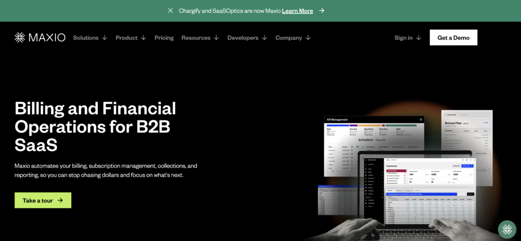 Screenshot of Chargebee alternative Maxio's homepage, Black with a green banner, white text, a bright green button, and screenshots of various analytics pages.