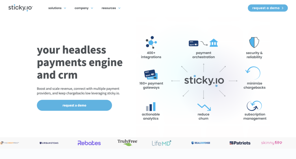 Screenshot of Chargebee alternative Sticky.io's homepage, white with dark text, medium blue buttons, and a map of various icons all connected to a Sitcky.io logo.