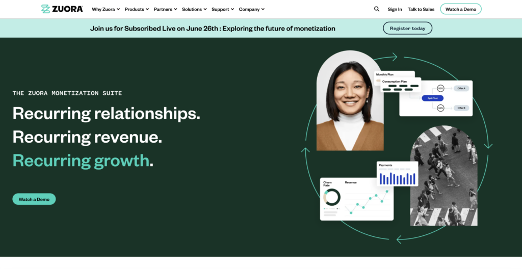 Screenshot of Chargebee alternative Zuora's homepage, with dark green background, white and light green text, and a collage of a smiling woman, a crowd crossing the street, and analytics diagrams.