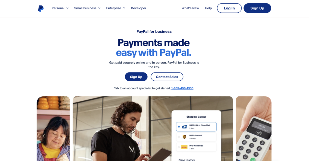 Screenshot of international payment gateway PayPal's homepage, white with black and blue text and photos of people and digital devices.