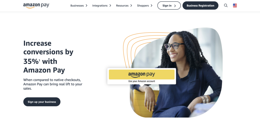 Screenshot of Stripe alternative Amazon Pay's homepage, white with black text and a photo of a woman overlayed with a yellow Amazon Pay button.