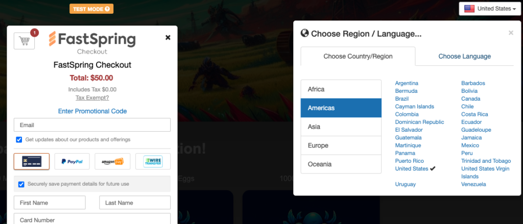 Screenshot of FastSpring popup checkout on the left and a screen prompting users to choose a Region and Language and a list of countries on the right.