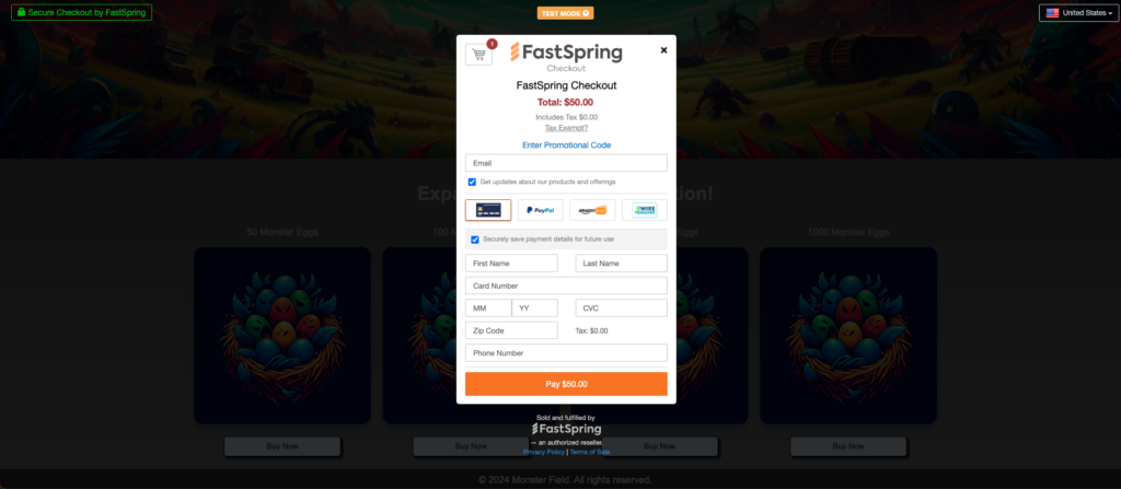 Screenshot of FastSpring's popup checkout.