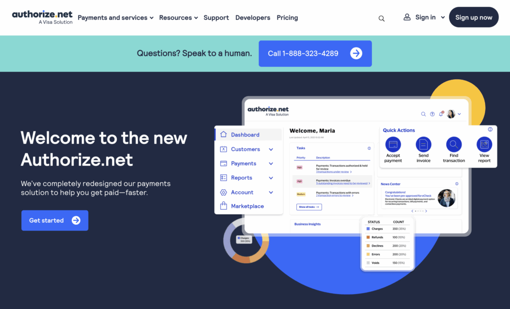A screenshot of Authorize.net's homepage showing a dark blue background with product screenshots and bright blue and yellow elements.
