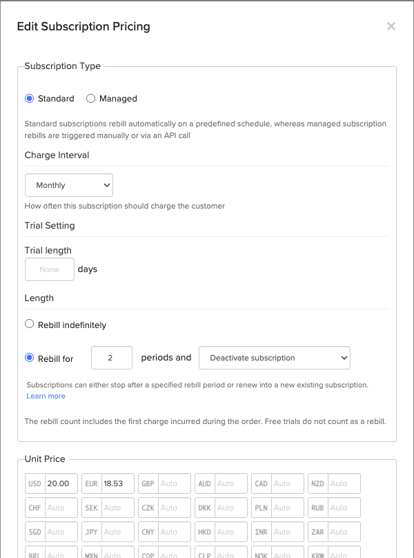 A screenshot of the FastSpring platform's subscription pricing editing screen.