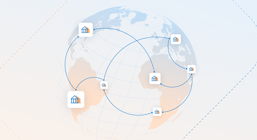 A light blue and light orange representation of the globe with small icons representing financial institutions all over the world and darker blue arrows drawn between them.