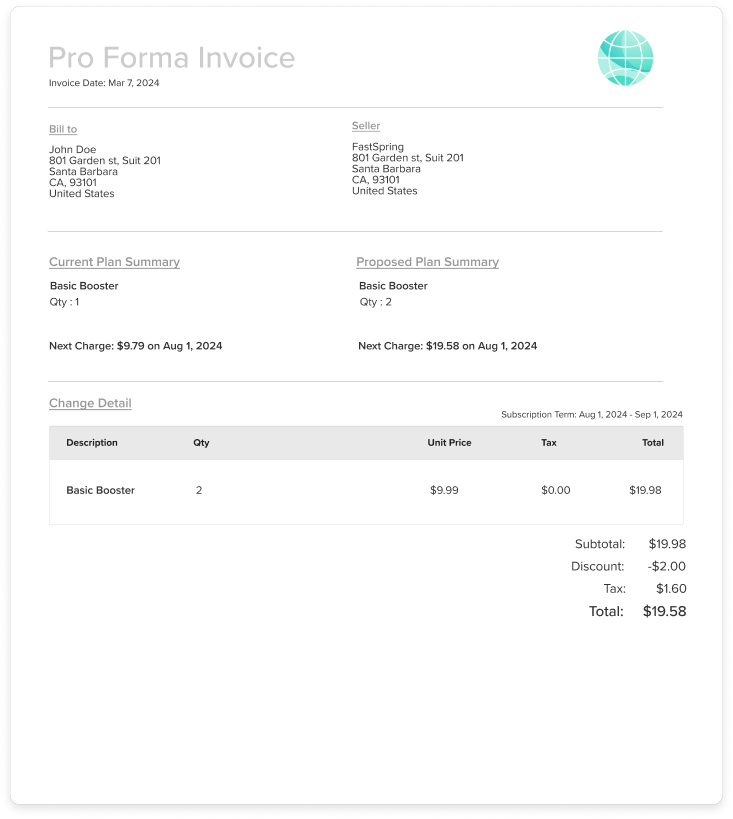 An image of a proforma invoice including a single product with a discount and a proposed change summary.