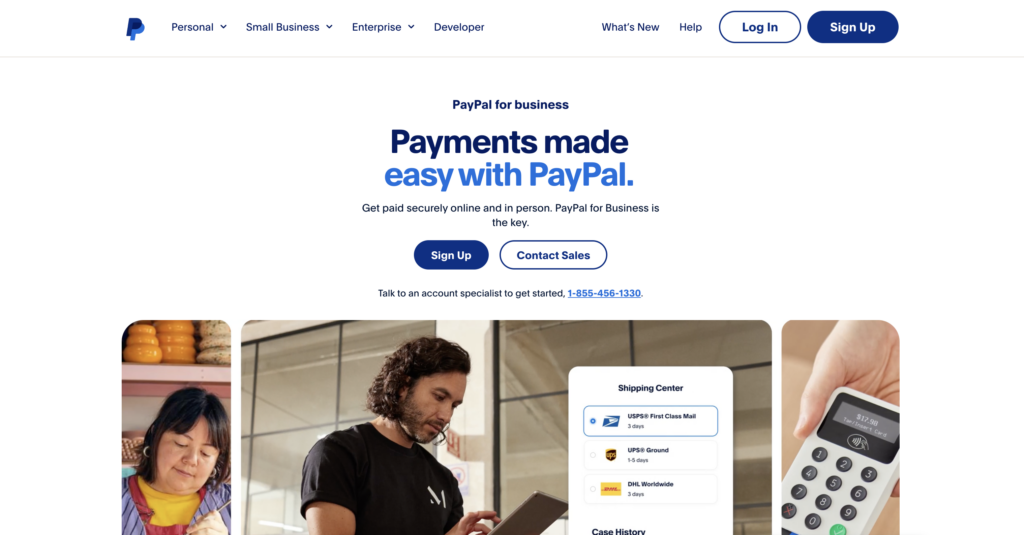 Screenshot of Digital River alternative PayPal for Business' homepage, white background with black and blue text and photos of people and digital devices.