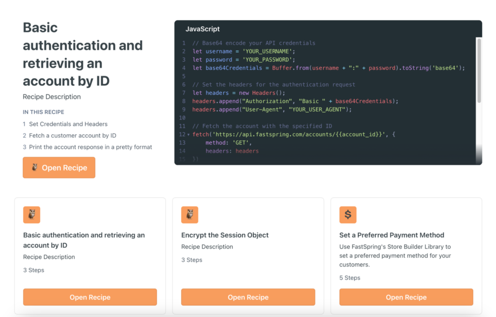 A screenshot of the FastSpring documentation Recipes page showing a large dark block of code, and three small white preview tiles for other Recipe pages with orange buttons.