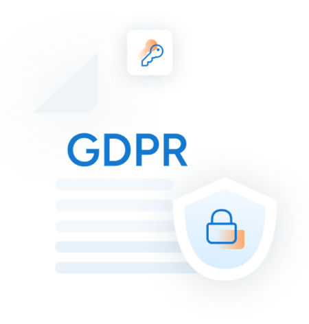 An artistic rendering of a paper with GDPR written on it and smaller decorative icons of a key and a padlock above and below it.