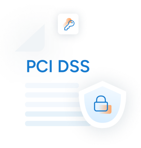 An artistic rendering of a paper with PCI DSS written on it and smaller decorative icons of a key and a padlock above and below it.