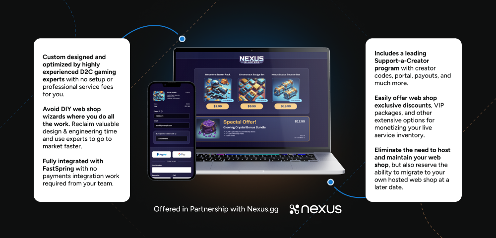 White text boxes on left and right over a black background, with a mobile phone and laptop in the center showing a Nexus game web shop.