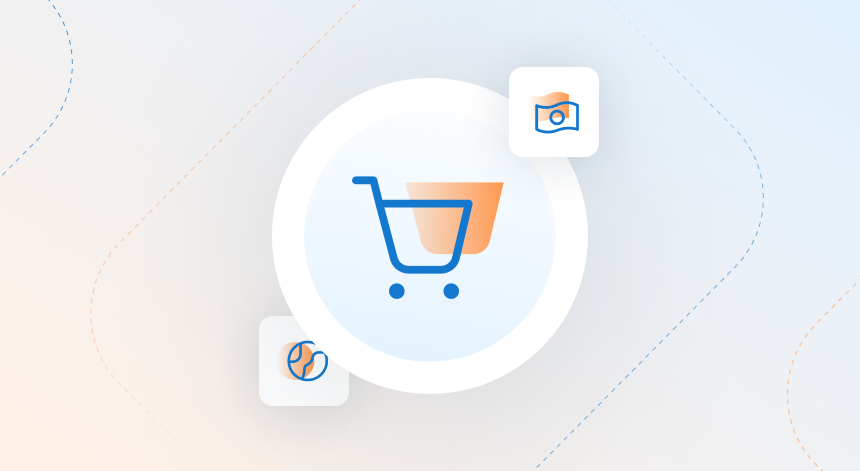 Large icon of a shopping cart with small icons of a paper money bill and of the world, with a light orange to light blue gradient background.