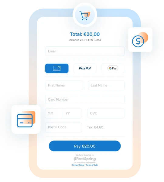 An artistic rendering of the FastSpring popup checkout with smaller decorative icons around it of a shopping cart, a coin, and a credit card.