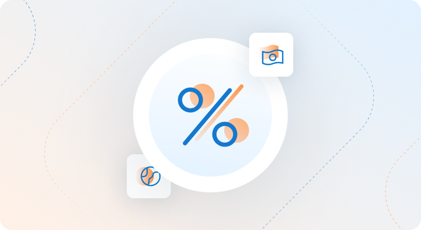 A light orange to light blue fade background with a large percentage icon in the center and small globe and money icons on either side of it.