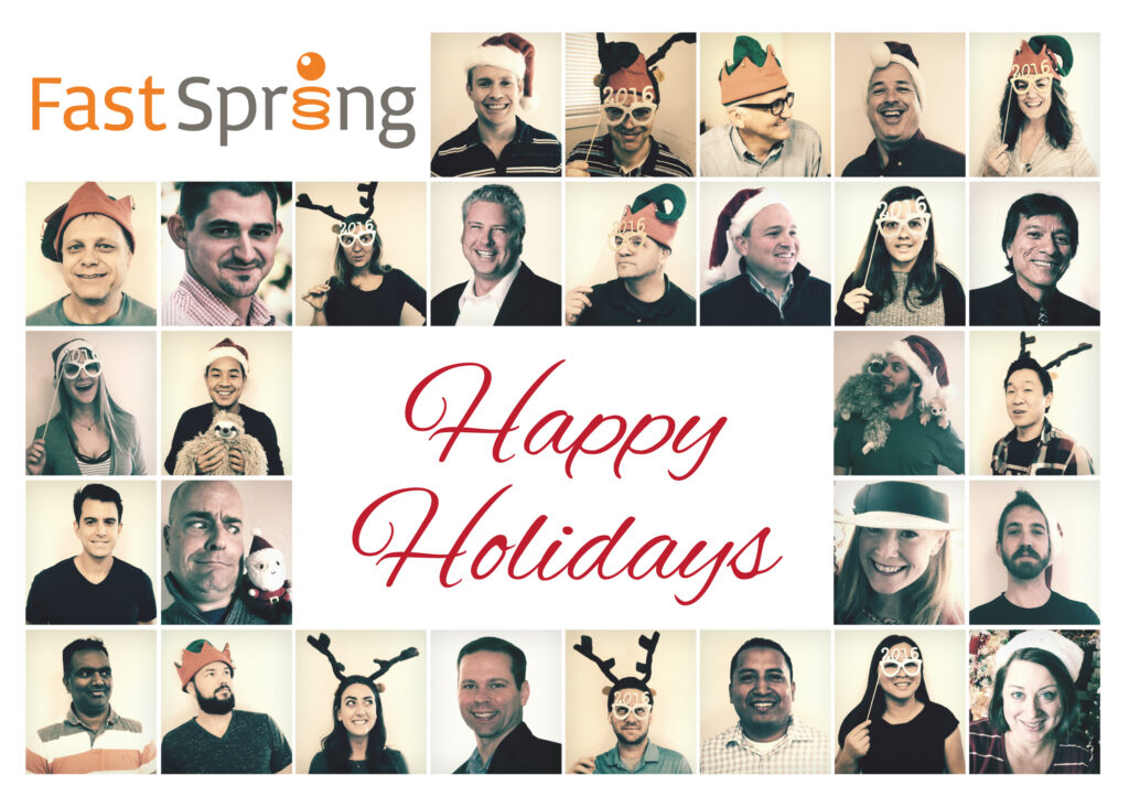 A 2016 holiday card from FastSpring featuring about 30 small employee photos with funny holiday props.