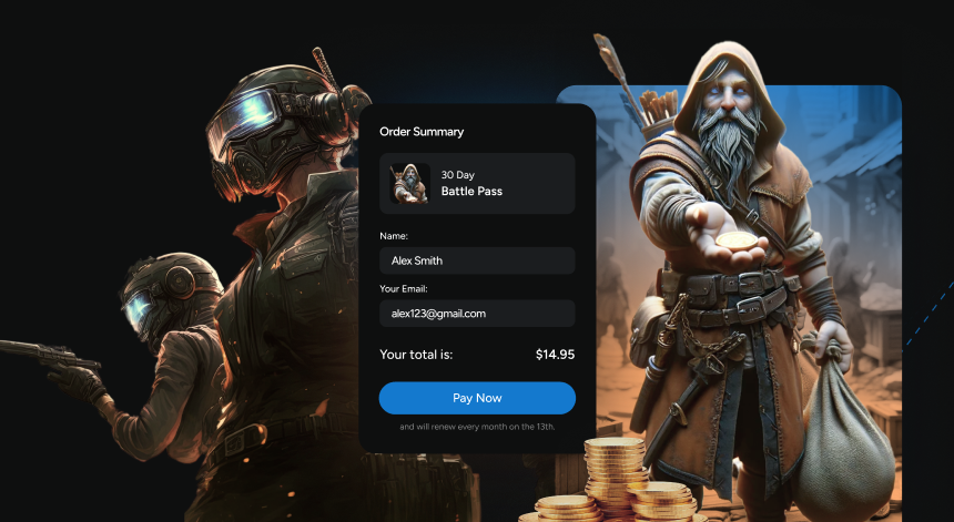 A small screenshot of a dark mode FastSpring popup checkout in the center with sci looking game characters on the left and a fantasy looking character holding his hand out with a coin.