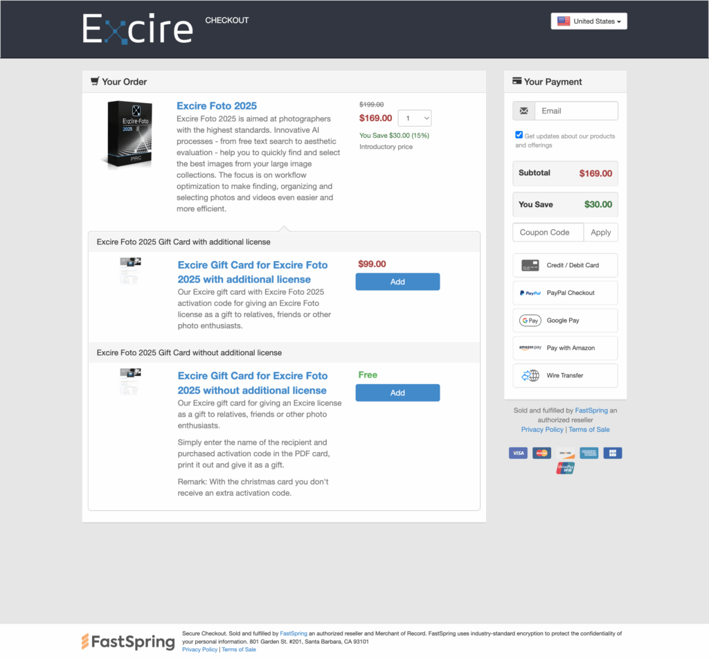 Screenshot of Excire checkout on FastSpring with three items in cart on left side and checkout fields on right side.