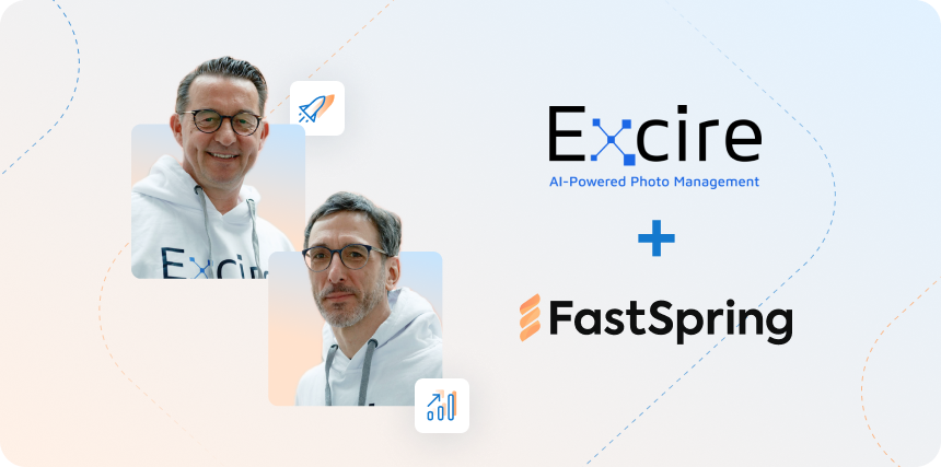 Headshots of Mathias Martinetz and Thomas Käster next to the Excire logo and FastSpring logo on a light background of orange fading to blue.