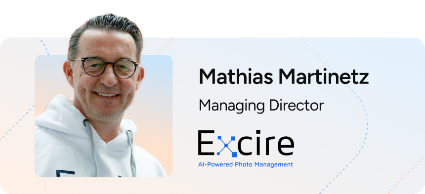 Headshot of Mathias Martinetz with his name and job title Managing Director above the Excire logo.