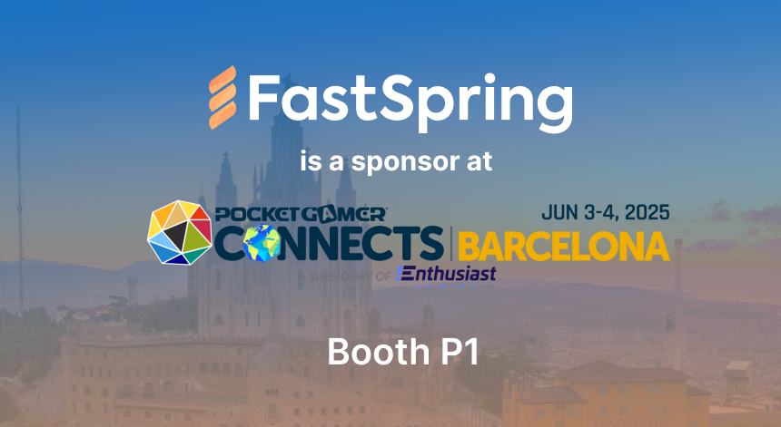 The FastSpring logo, the PGC Bacelona logo, and the Booth number P1 on a blue to orange gradient background photo of Barcelona.