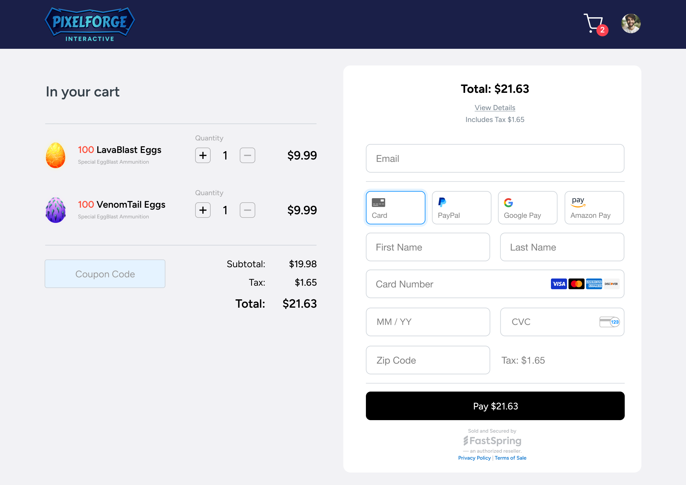 An image of FastSpring's checkout showing our embedded checkout next to a cart with payment methods like card, paypal, google pay, amazon pay included.