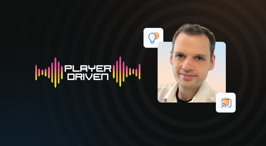 The Player Driven logo on the left and a headshot of Chip Thurston on the right with some small icons representing a light bulb and video casting.