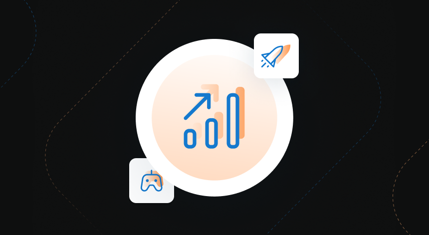 Large orange and blue icon of an increasing bar graph in the center with small icons of a game controller and a rocket on either side.